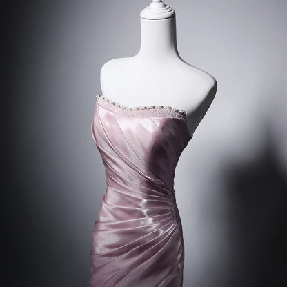 Strapless Sweetheart Beaded Ruched Satin Mermaid Train Evening Dresses with Lace Up Back