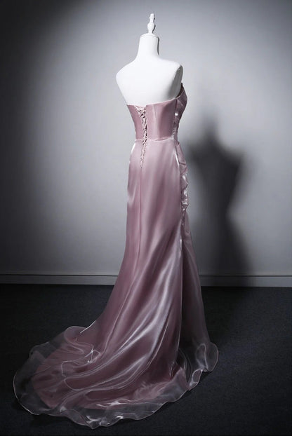 Strapless Sweetheart Beaded Ruched Satin Mermaid Train Evening Dresses with Lace Up Back
