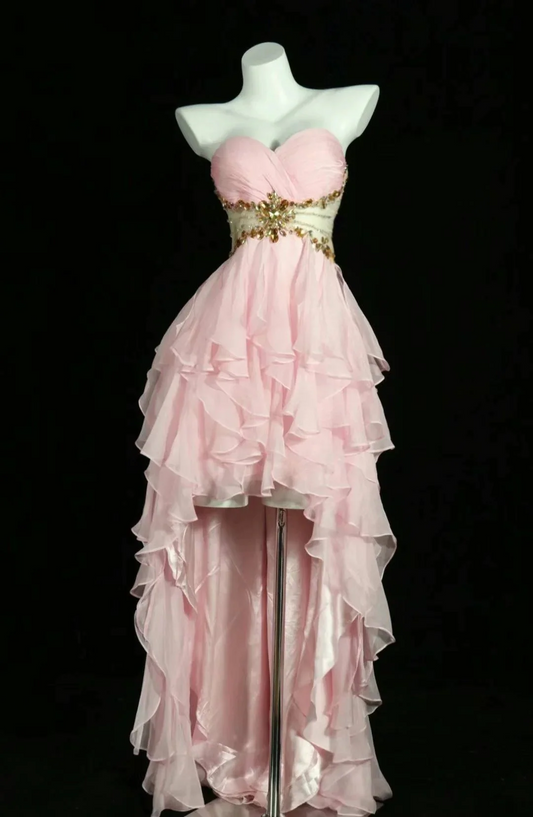 Strapless Sweetheart Beaded Waist High Low Tiered Tulle Evening Dresses with Lace Up Back