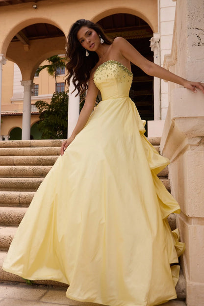 Strapless Sweetheart Crystal Embellished Tiered Lemon Yellow Taffeta A Line Chapel Train Prom Dresses