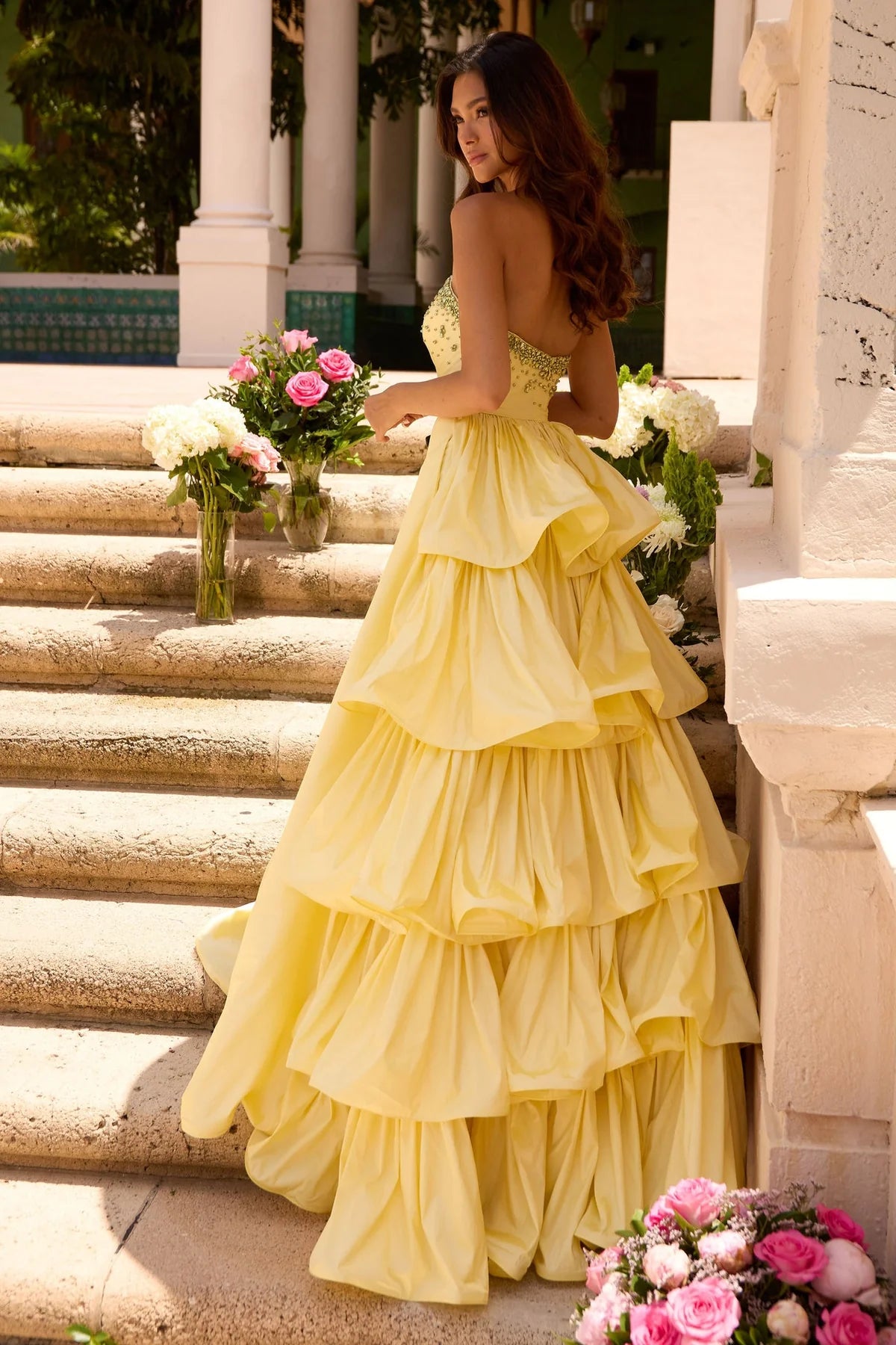 Strapless Sweetheart Crystal Embellished Tiered Lemon Yellow Taffeta A Line Chapel Train Prom Dresses