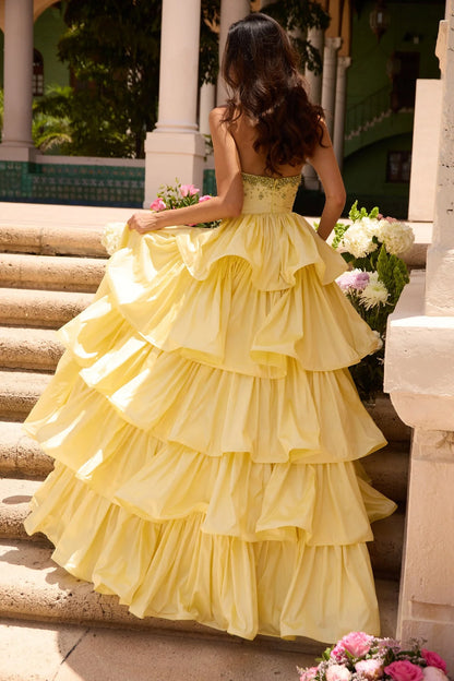 Strapless Sweetheart Crystal Embellished Tiered Lemon Yellow Taffeta A Line Chapel Train Prom Dresses