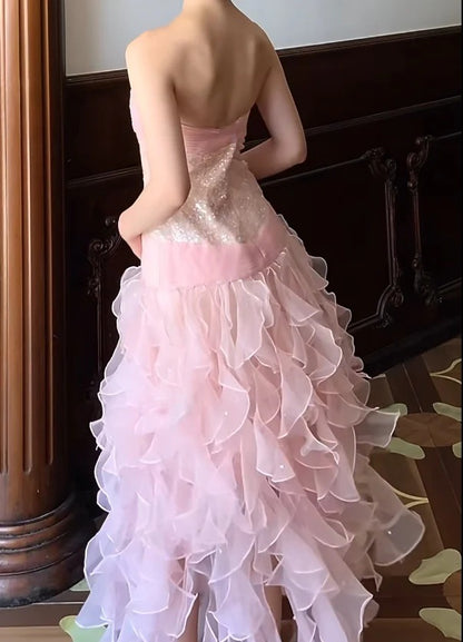 Strapless Sweetheart Sequin Embellished High Low Ruffled Tulle Evening Dresses