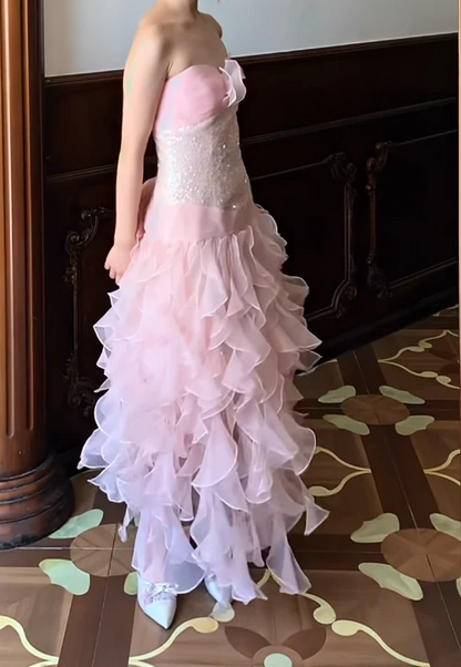 Strapless Sweetheart Sequin Embellished High Low Ruffled Tulle Evening Dresses