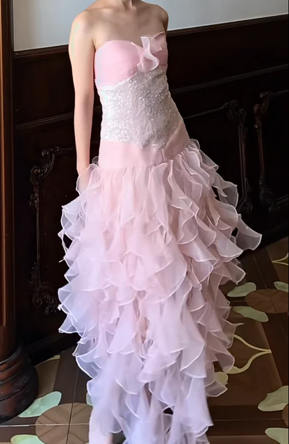 Strapless Sweetheart Sequin Embellished High Low Ruffled Tulle Evening Dresses