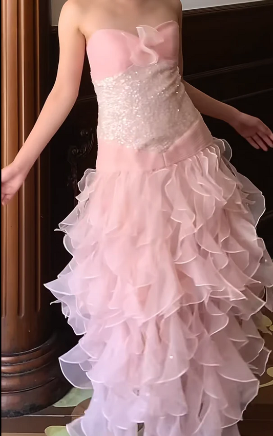 Strapless Sweetheart Sequin Embellished High Low Ruffled Tulle Evening Dresses