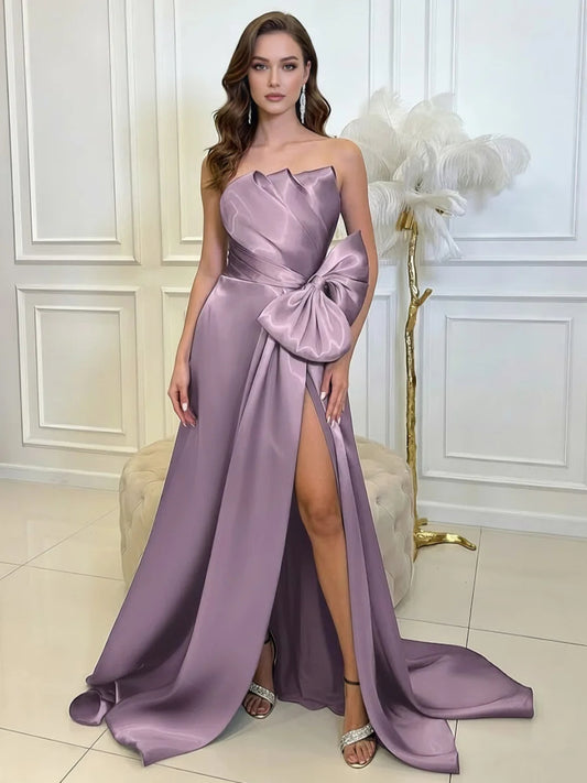 Strapless Satin Evening Dress with Oversized Side Bow, High Thigh Slit & Cathedral Train