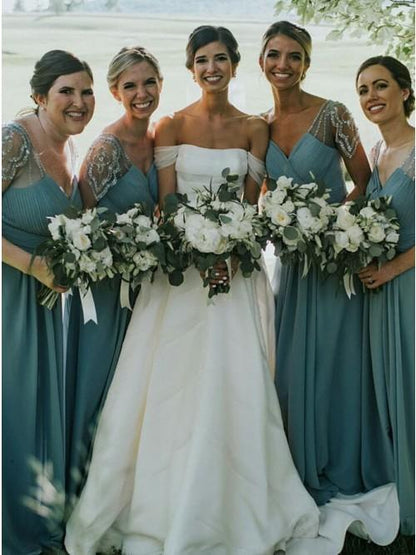 Charming A-line Chiffon V-neck Pink Pleated Cap Sleeves Long Bridesmaid Dress