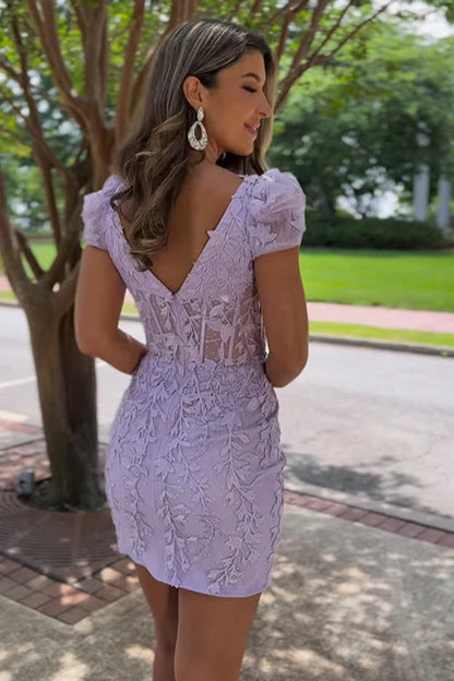 Charming slim fitting square sleeve with lavender ribbon inlay for the Homecoming Party short skirt