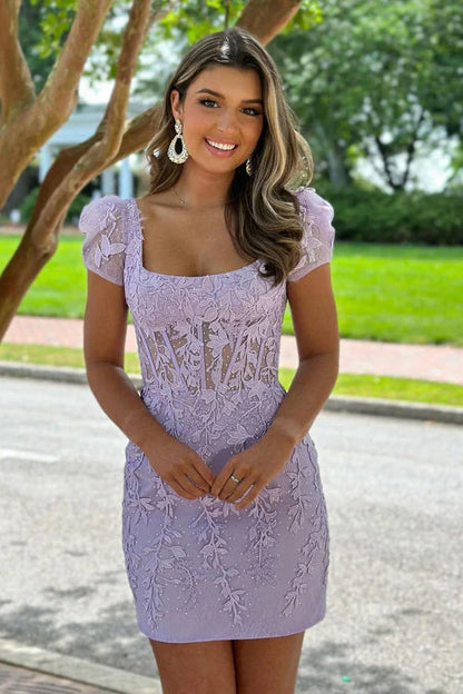 Charming slim fitting square sleeve with lavender ribbon inlay for the Homecoming Party short skirt