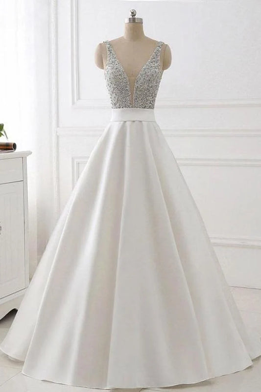 Charming and Elegant Ivory V-neck Satin Open Back Sleeveless Beaded Evening Dress