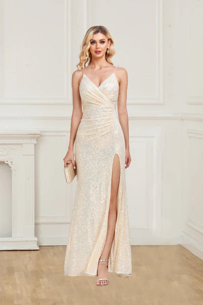 Amazing tight fitting thin shoulder strap V-neck sequin slit formal ball dress