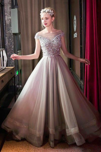 Beautiful gray organza sequin beaded perspective off shoulder ball dress