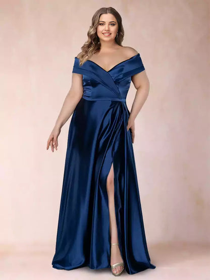 Stunning A-line/Princess style off shoulder pleated plus size side slit Mother of the Bride Dresses
