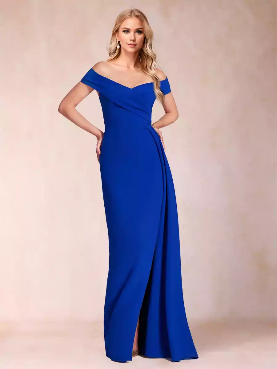 Stunning A-line/Princess style off shoulder pleated plus size side slit Mother of the Bride Dresses
