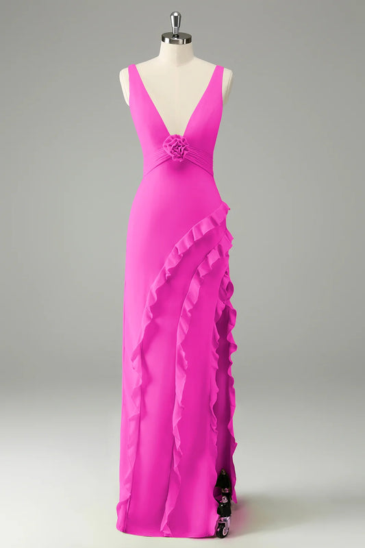 Stunning A-line V-neck floral ruffled backless slit bridesmaid dress