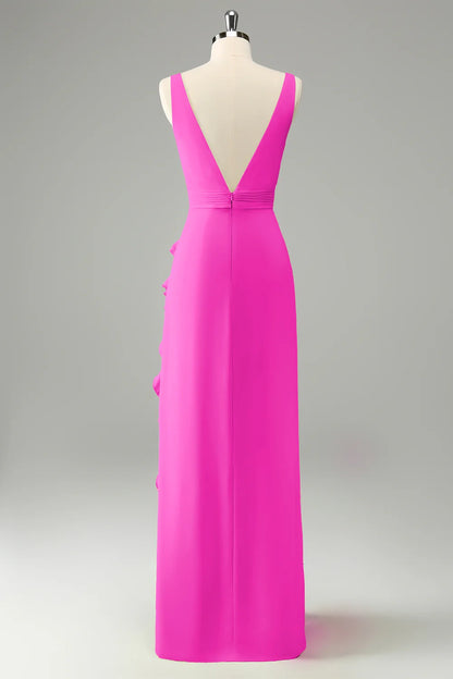 Stunning A-line V-neck floral ruffled backless slit bridesmaid dress