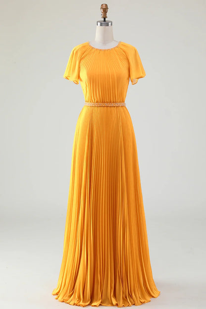Stunning A-line round neck pleated short sleeved chiffon bridal mother dress