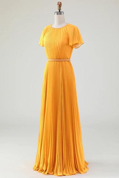 Stunning A-line round neck pleated short sleeved chiffon bridal mother dress