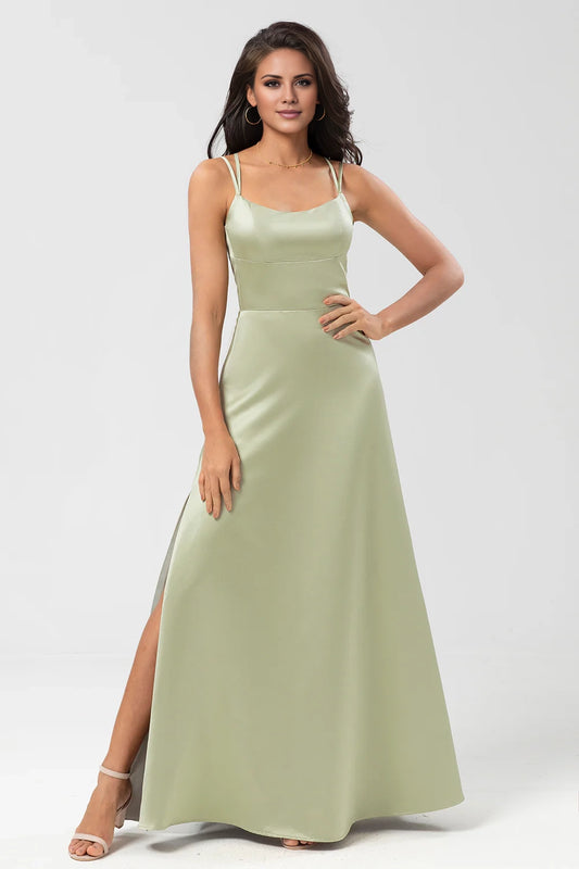 Stunning A-line thin shoulder strap and satin floor slit bridesmaid dress