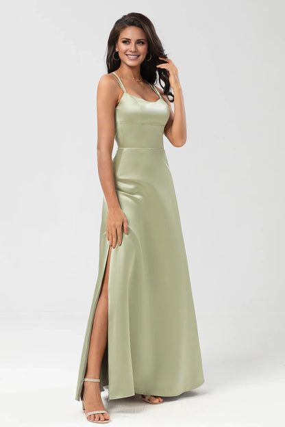 Stunning A-line thin shoulder strap and satin floor slit bridesmaid dress