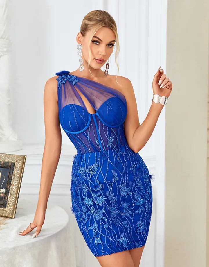 Stunning elegant sexy one shoulder tight back to school dance sequin dress