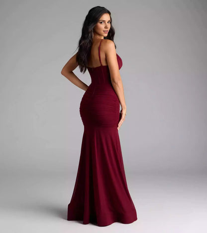 Stunning V-neck adjustable thin shoulder strap tight corset with high slit mermaid and floor Prom Dresses