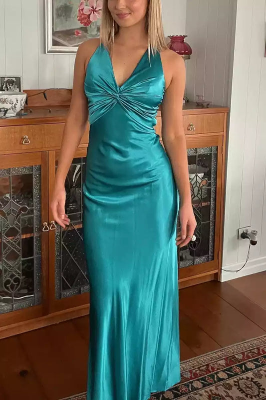 Stunning V-neck hanging neck pleated satin tight silhouette with slim fit and Prom Dresses