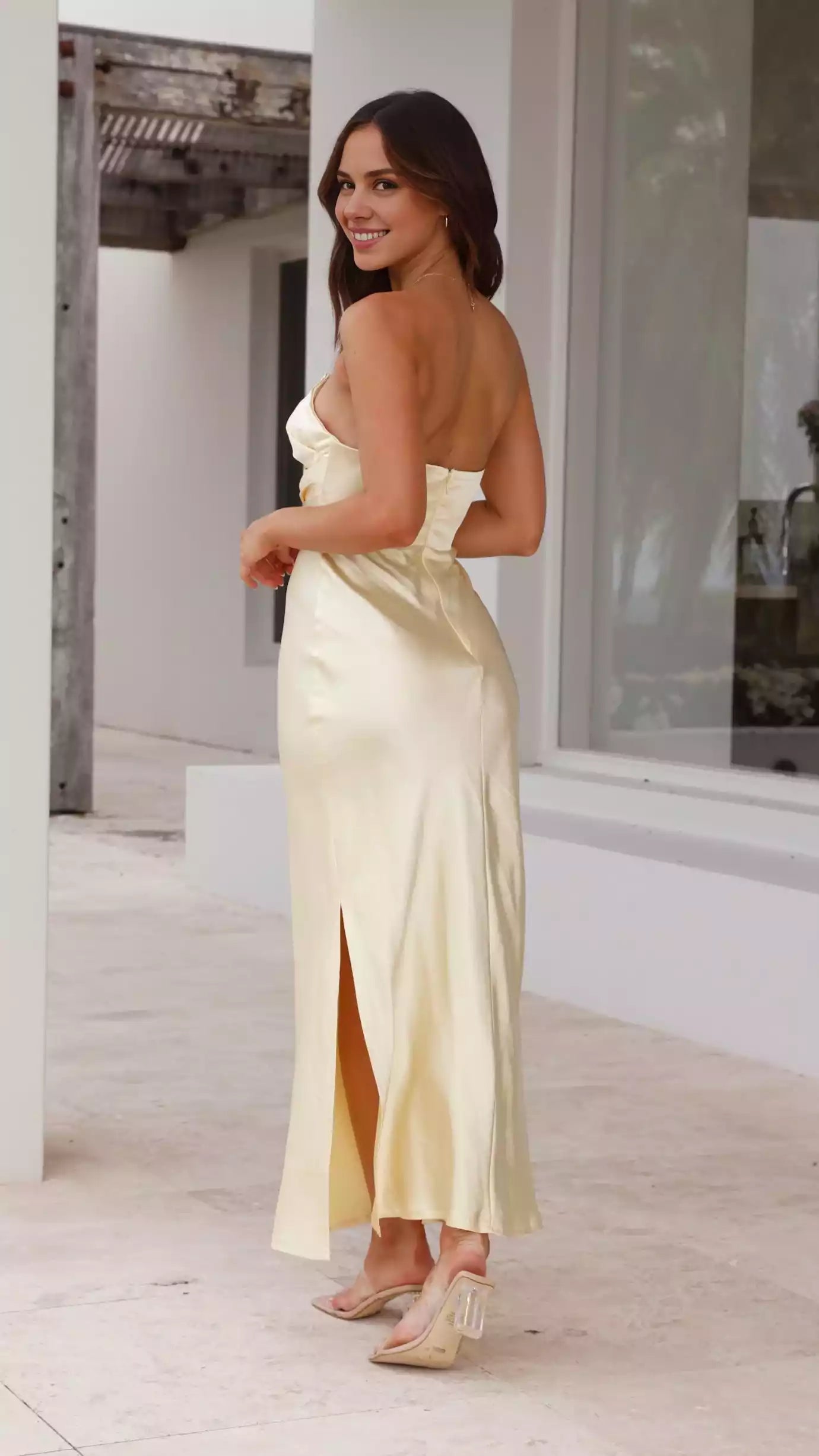 Stunning V-neck side pleated long strapless hidden back zipper Prom Dresses