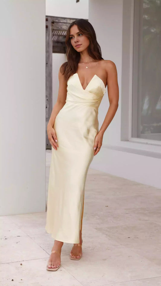 Stunning V-neck side pleated long strapless hidden back zipper Prom Dresses