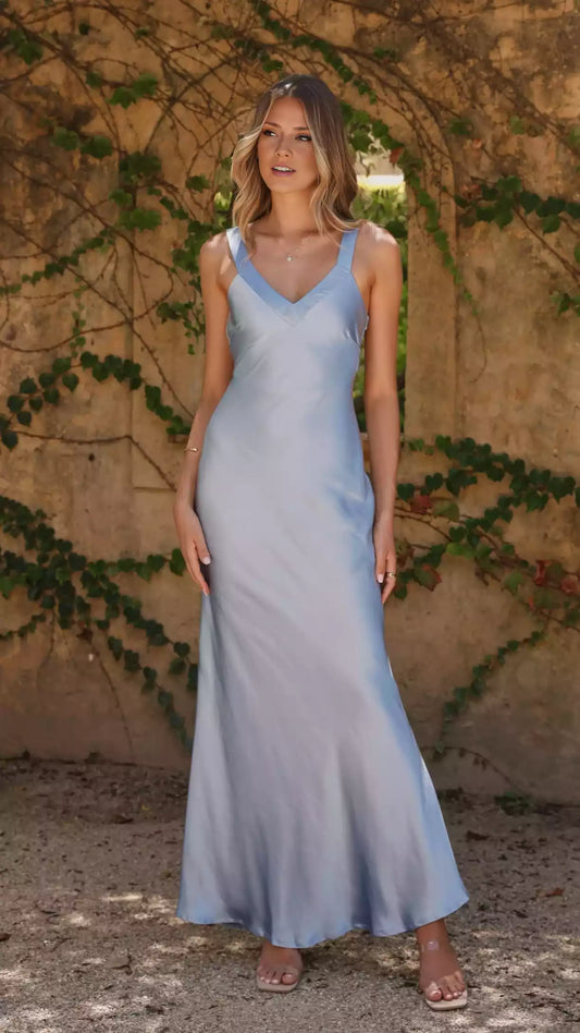 Stunning V-neck wide shoulder strap, hidden side zipper, cross shaped detail, fully lined Prom Dresses