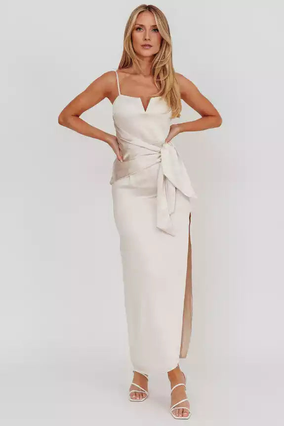 Stunning and elegant satin long adjustable thin shoulder strap belt with hidden back zipper and side leg slits Bridesmaid Dresses