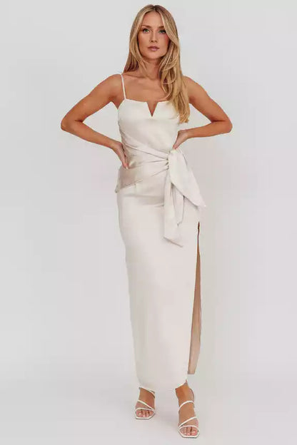 Stunning and elegant satin with extra long adjustable thin shoulder straps, side leg slits, lined chest, invisible back zipper, Bridesmaid Dresses