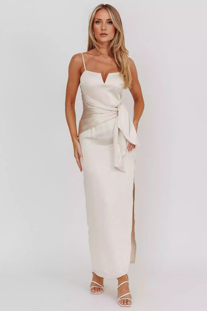 Stunning and elegant satin with extra long adjustable thin shoulder straps, side leg slits, lined chest, invisible back zipper, Bridesmaid Dresses