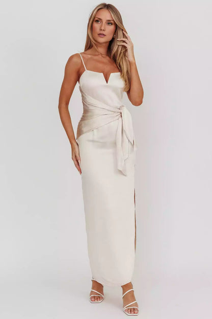 Stunning and elegant satin with extra long adjustable thin shoulder straps, side leg slits, lined chest, invisible back zipper, Bridesmaid Dresses