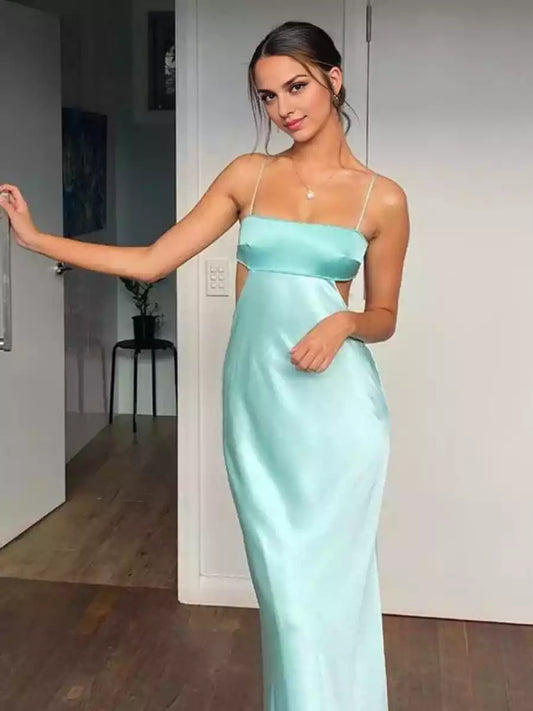 Stunning appearance of slim shoulder straps, slim fit luxury satin, elegant drape, sleeveless back zipper Prom Dresses