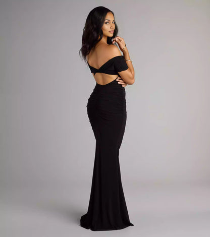 Stunning appearance of smooth knit single shoulder collar with side seam pleats, backless mermaid and floor Prom Dresses