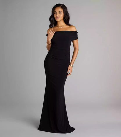 Stunning appearance of smooth knit single shoulder collar with side seam pleats, backless mermaid and floor Prom Dresses