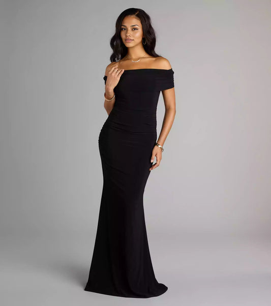 Stunning appearance of smooth knit single shoulder collar with side seam pleats, backless mermaid and floor Prom Dresses