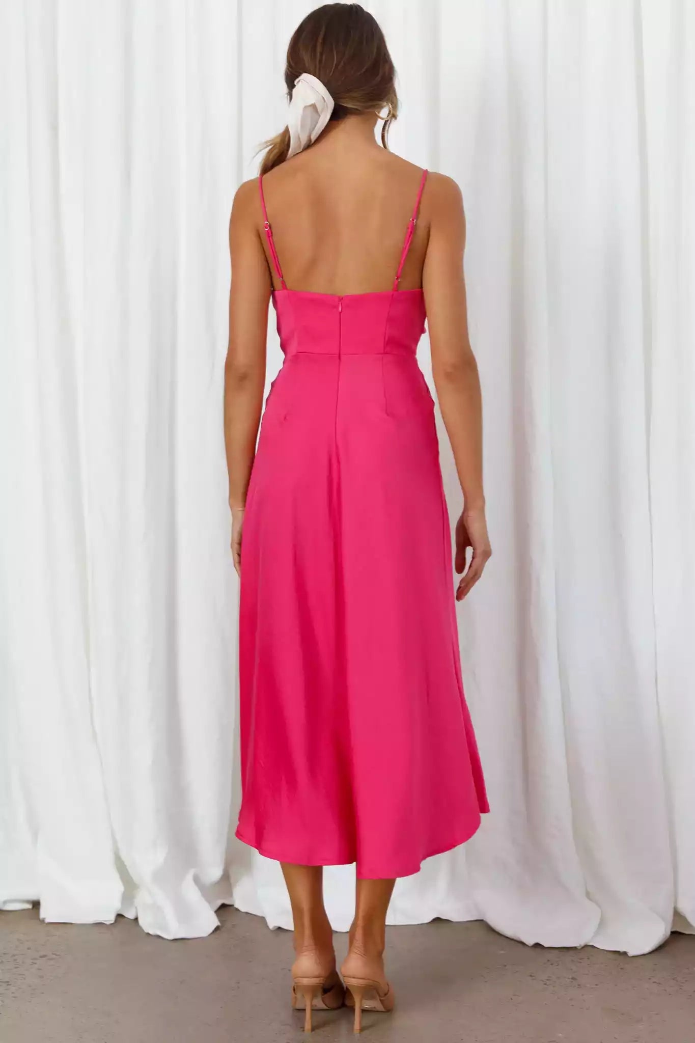 Stunning appearance with a mid length asymmetrical neckline, adjustable suspender scarf, front slit neckline, and zipper at the back Bridesmaid Dresses