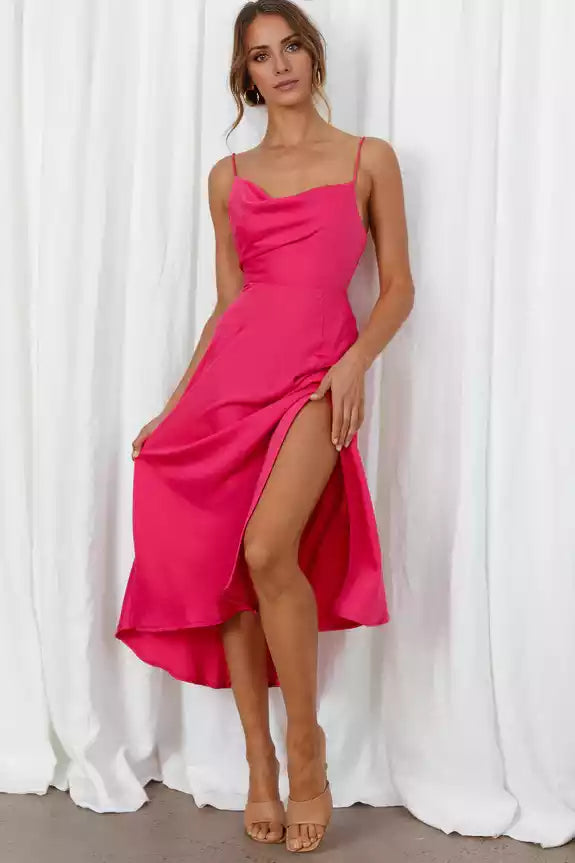 Stunning appearance with a mid length asymmetrical neckline, adjustable suspender scarf, front slit neckline, and zipper at the back Bridesmaid Dresses