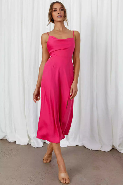 Stunning appearance with a mid length asymmetrical neckline, adjustable suspender scarf, front slit neckline, and zipper at the back Bridesmaid Dresses