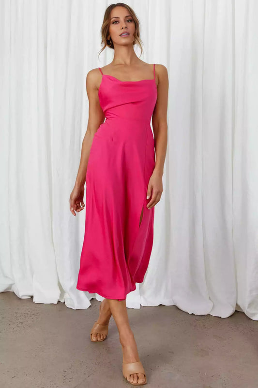 Stunning appearance with a mid length asymmetrical neckline, adjustable suspender scarf, front slit neckline, and zipper at the back Bridesmaid Dresses