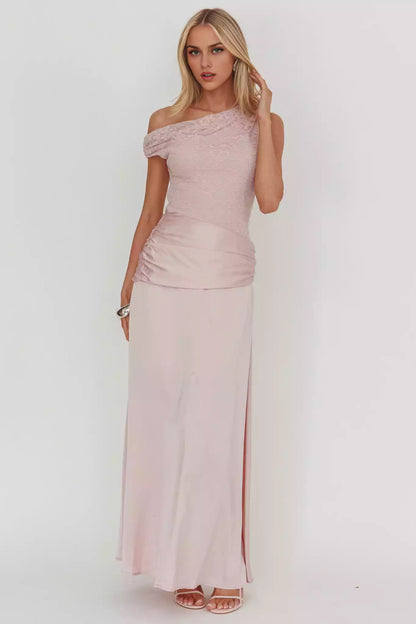 Stunning asymmetrical neckline lined with lace tight corset, pleated waist and side zipper Bridesmaid Dresses