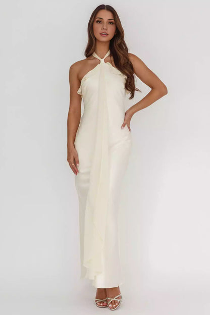 Stunning backless lining with ruffle edge layered waistband details and zippered back Bridesmaid Dresses