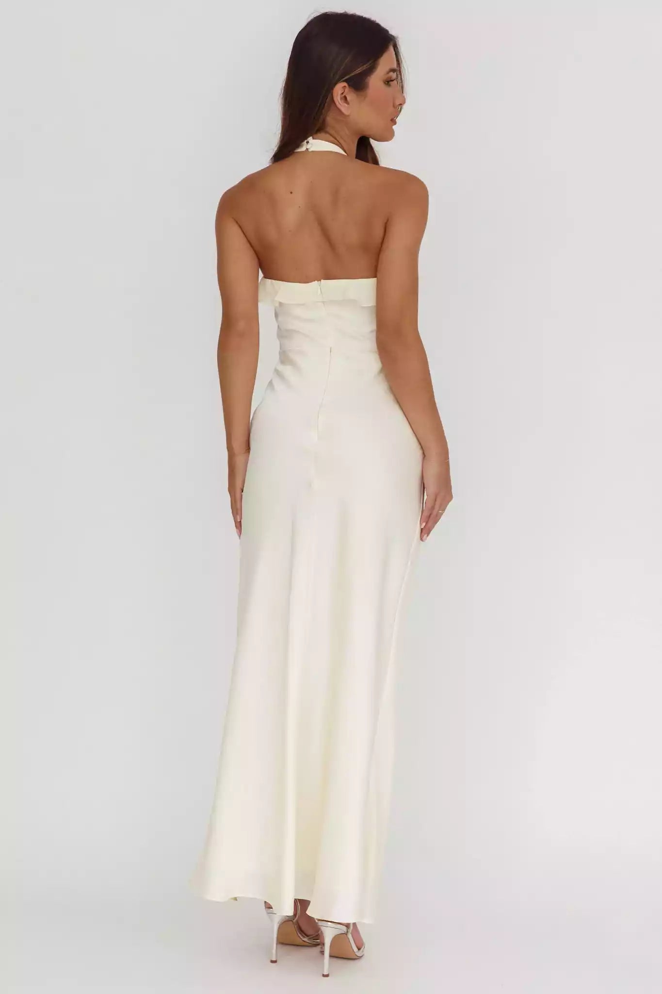 Stunning backless lining with ruffle edge layered waistband details and zippered back Bridesmaid Dresses