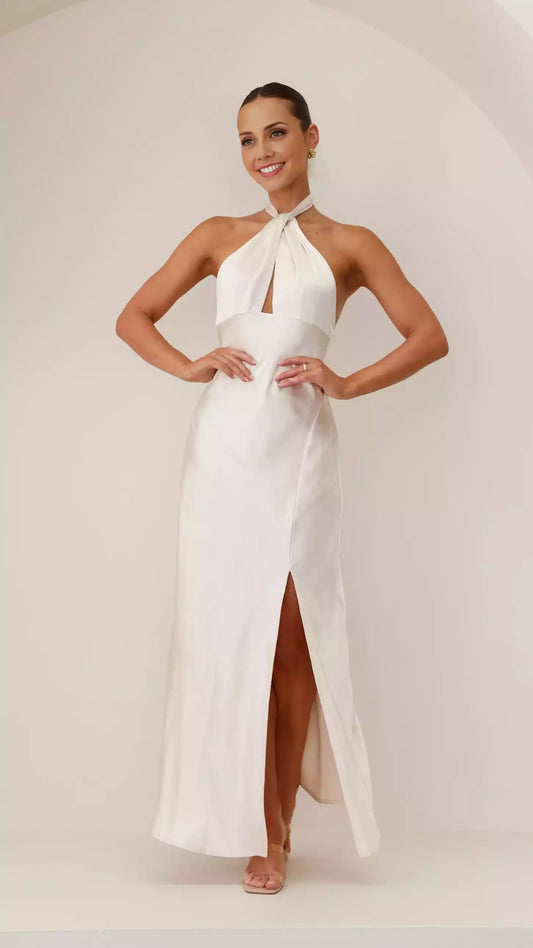 Stunning backless sling with adjustable neck strap, side slit, hidden zipper at the back Prom Dresses