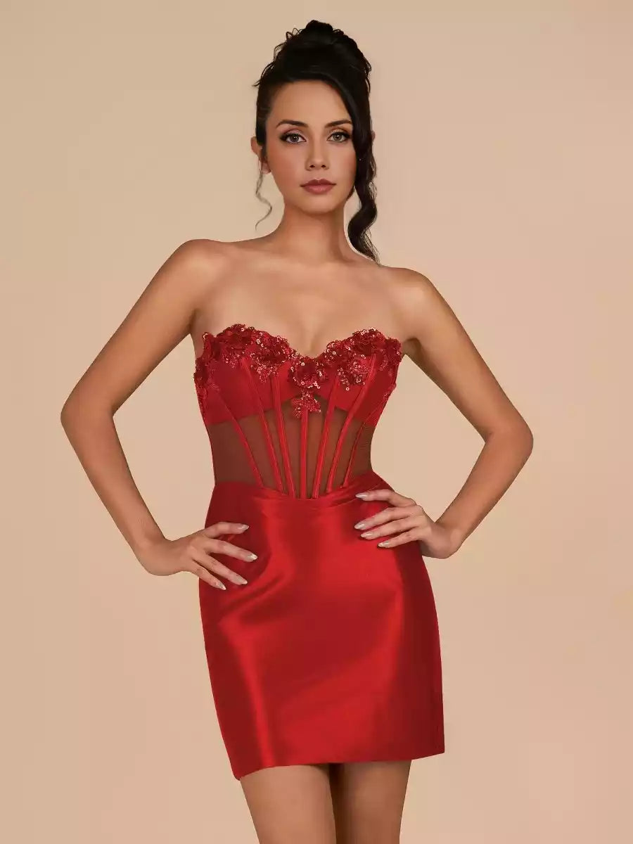 Stunning corset with heart-shaped neckline, floral decals, sleeveless lace up, Homecoming Dresses on the back