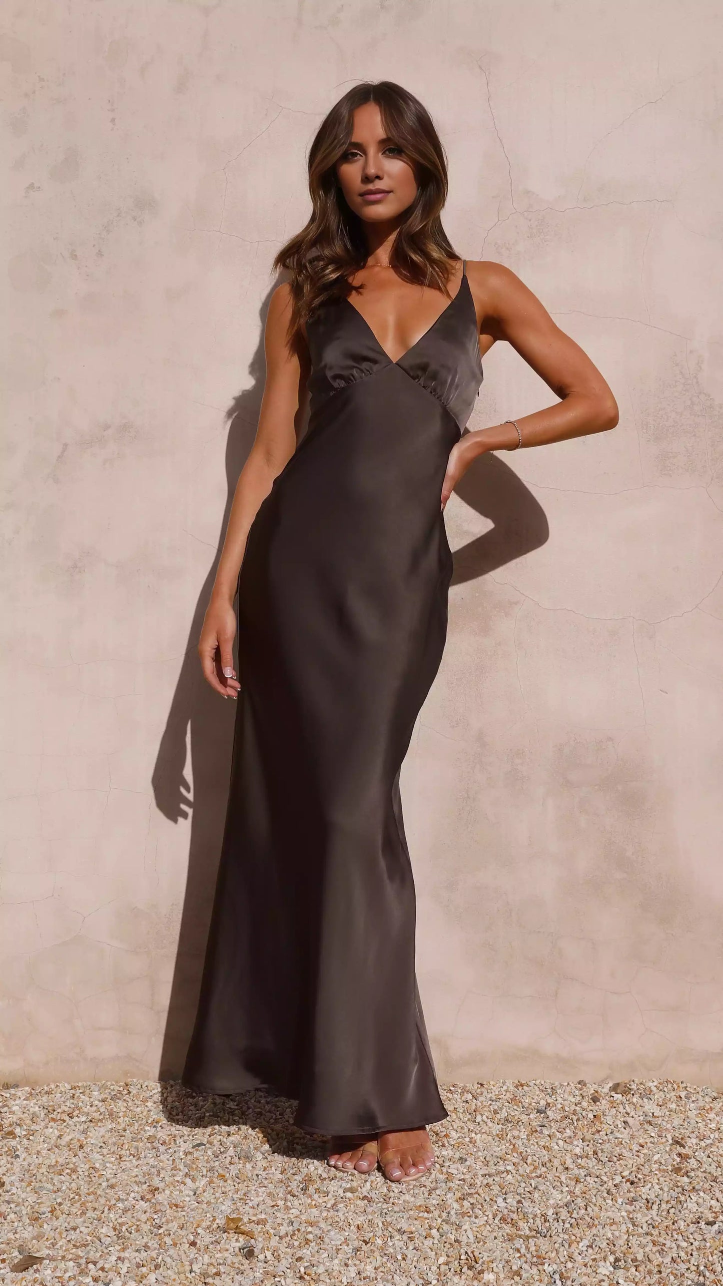 Stunning deep V-neck slim elastic shoulder strap with hidden side zipper and Prom Dresses on the ground