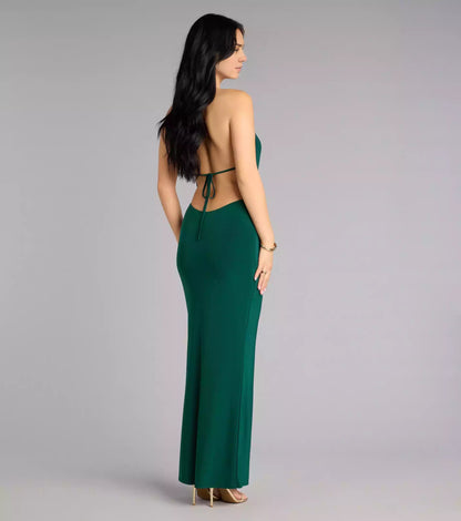 Stunning drop neck knit lining with elastic deep V-neck, backless neckline, backless lace up, fitting curves Prom Dresses